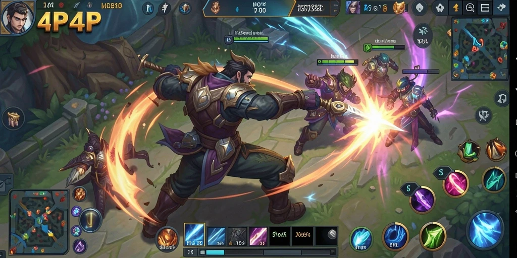 Screenshot gameplay 4P4P menunjukkan pertarungan epik antar tim.