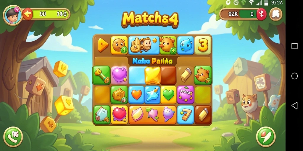 Screenshot 9ZK menampilkan aksi seru permainan Match-3.