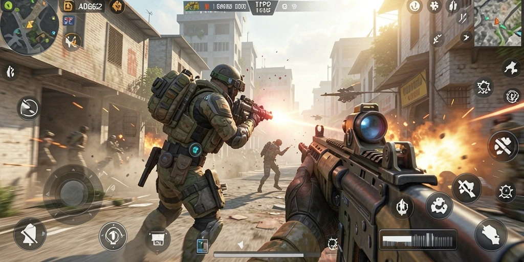 Tangkapan layar gameplay ADG62 dengan aksi tembak-menembak yang seru.