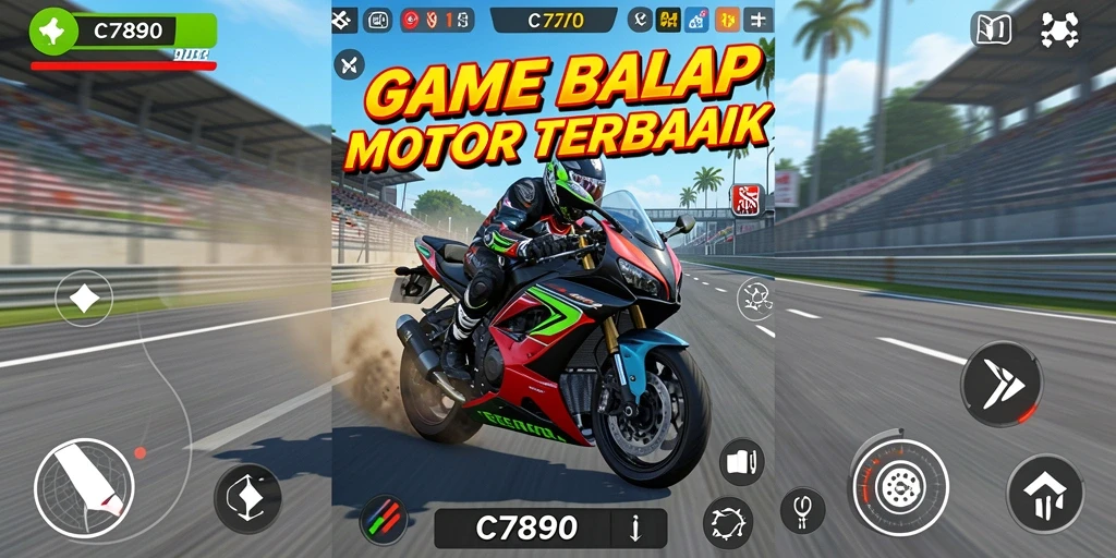 Gameplay seru C7890 dengan balapan motor yang mendebarkan.