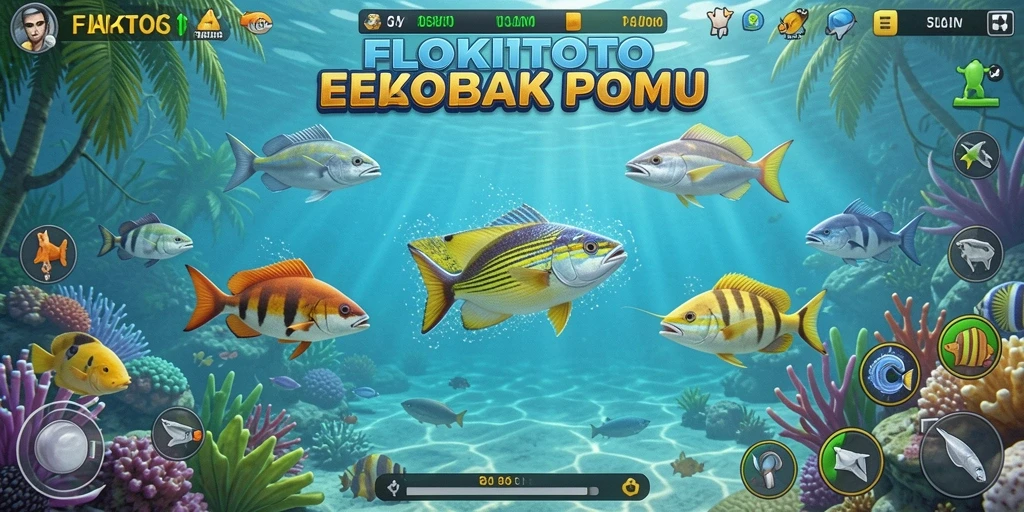 Tampilan gameplay seru dalam FLOKITOTO dengan berbagai ikan untuk ditangkap.