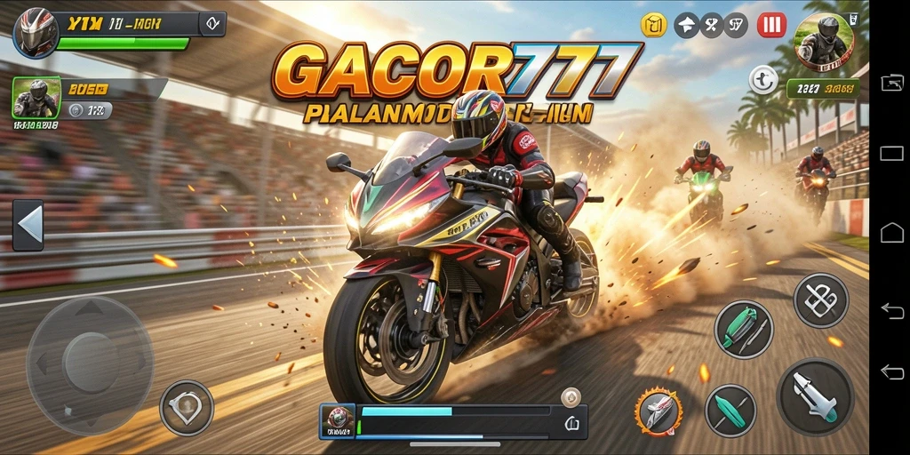 Tampilan seru gameplay balapan motor GACOR777 dengan aksi cepat.