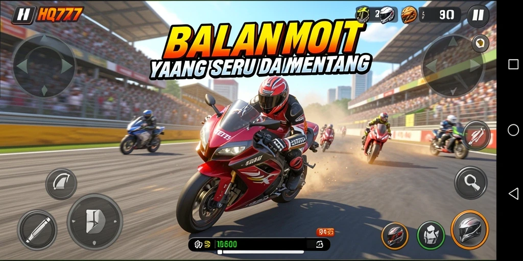 Screenshot HQ777 menampilkan balapan seru dengan motor di lintasan.