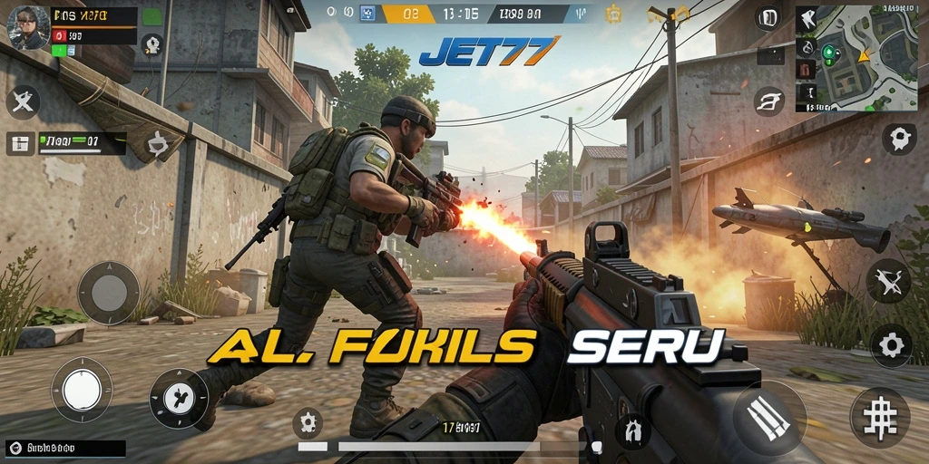 Tampilan aksi seru dalam permainan FPS JET77 dengan grafis menawan.