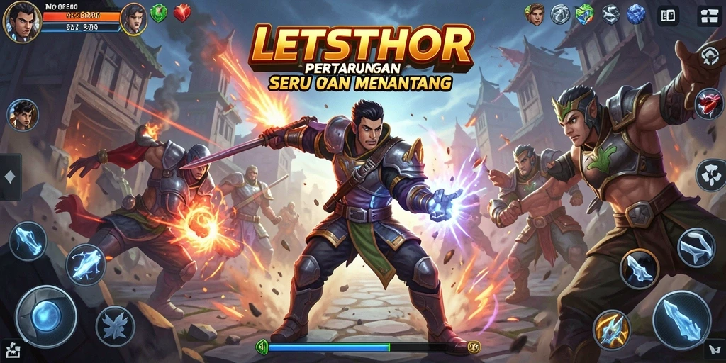 Tangkapan layar gameplay LETSTHOR yang menampilkan aksi pertarungan seru.
