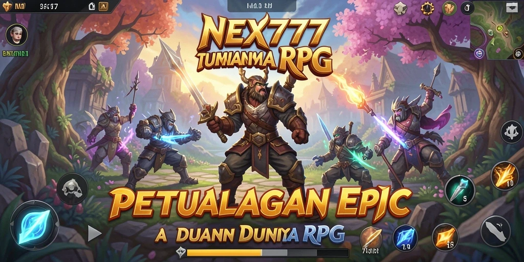 Screenshot utama NEX777 menampilkan karakter dalam pertempuran epik.