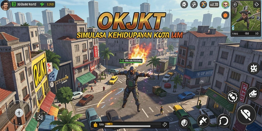 Tampilan gameplay menarik dari OKJKT yang menunjukkan simulasi kehidupan kota.