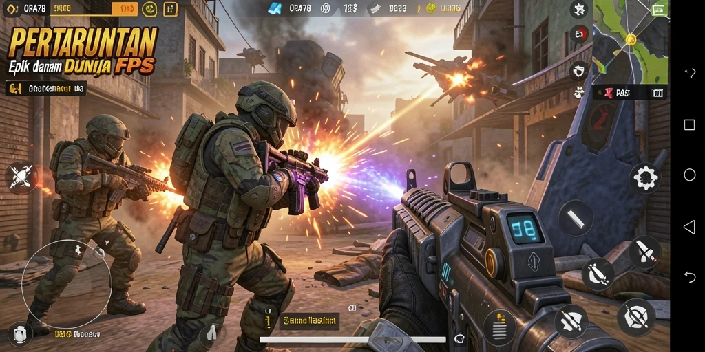 Screenshot gameplay ORA78 menampilkan pertempuran seru di medan tempur FPS.